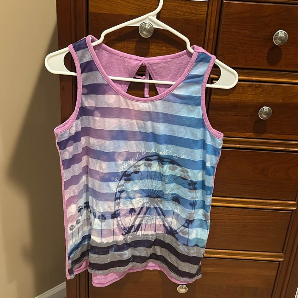 Justice girls Ferris wheel striped tanktop, size 18/20, purple & blue, vacation